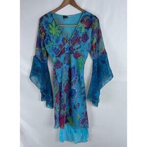 Midnight Sun Asymmetrical Women's Dress Size Small Blue BoHo Flounce Sleeve